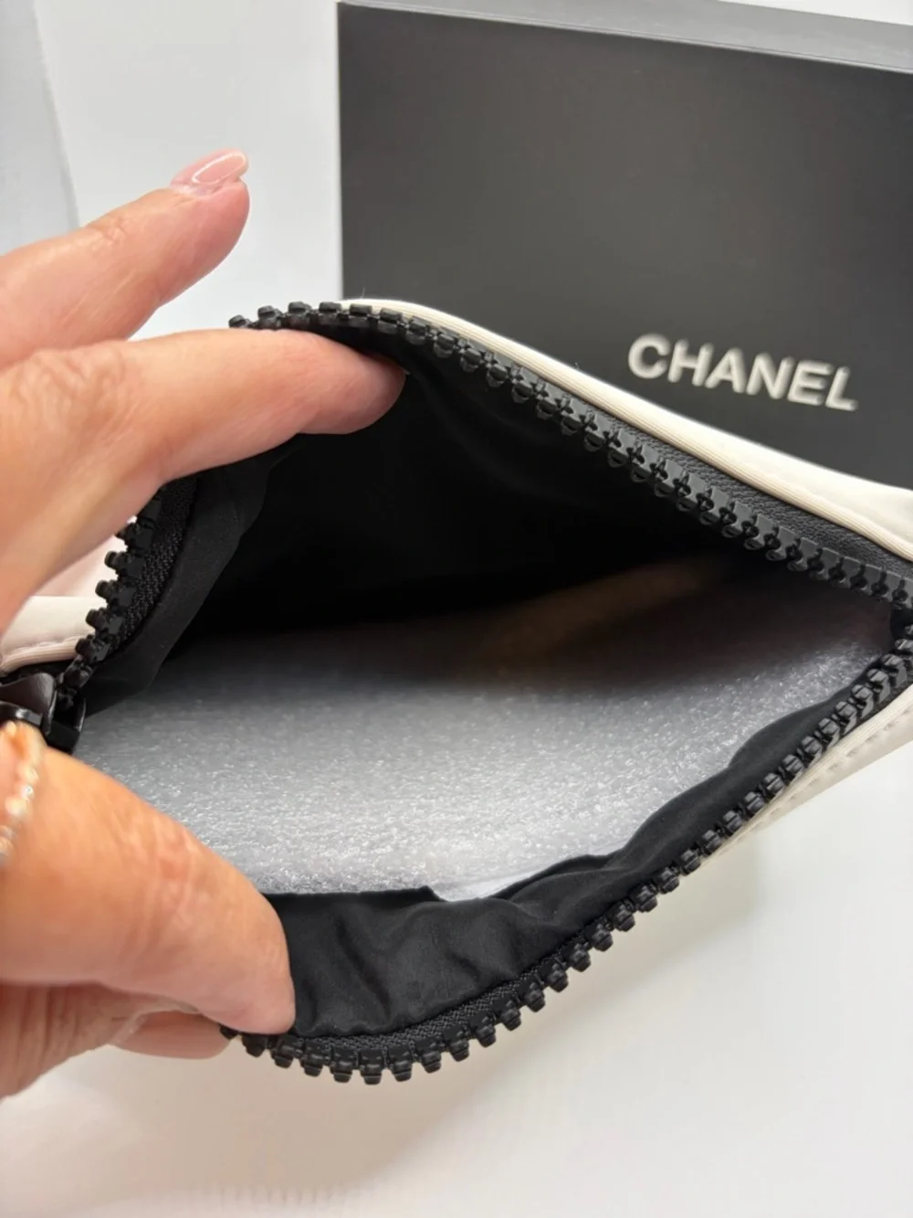 Designer Inspired Elegant White Cosmetic Pouch With Black Logo